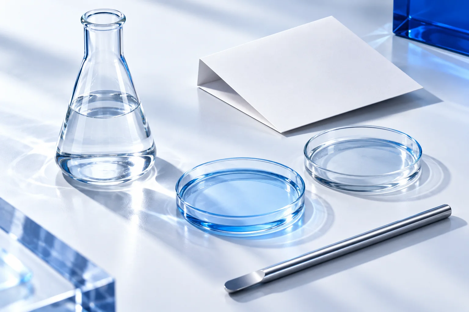 Cobalt-accented laboratory glassware in a cool white studio, illustrating the process of examining evidence.