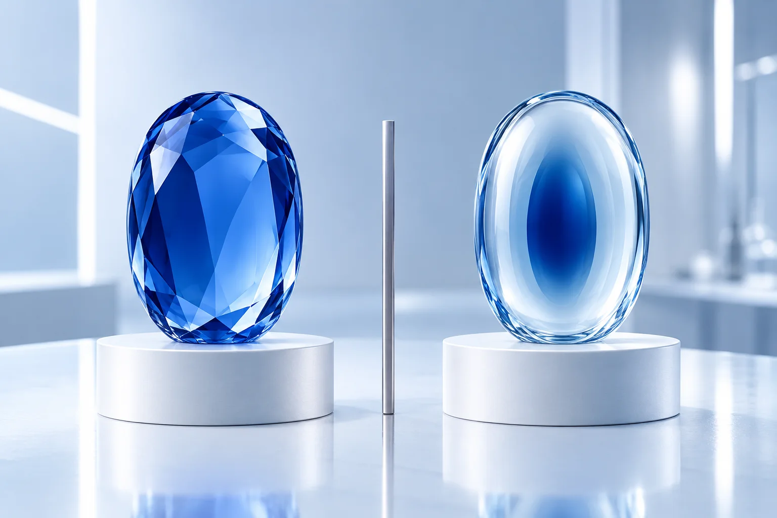 Two balanced cobalt and clear glass compositions representing a comparison of two research subjects.