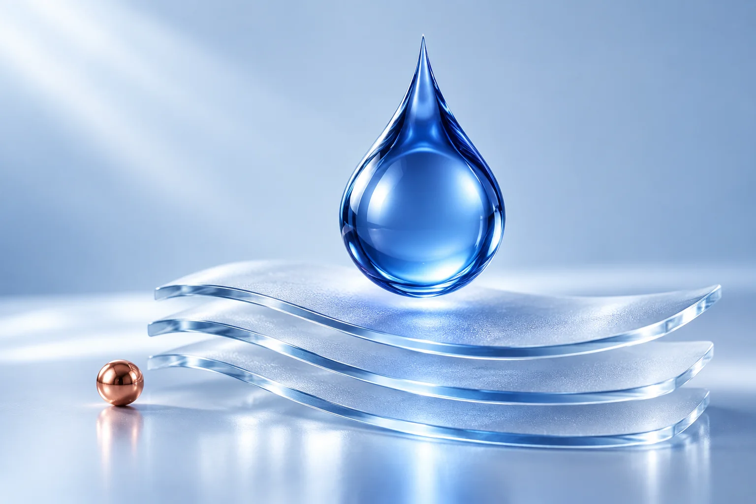 Blue glass and copper-toned sculptural forms, a conceptual illustration of copper-peptide skin research.