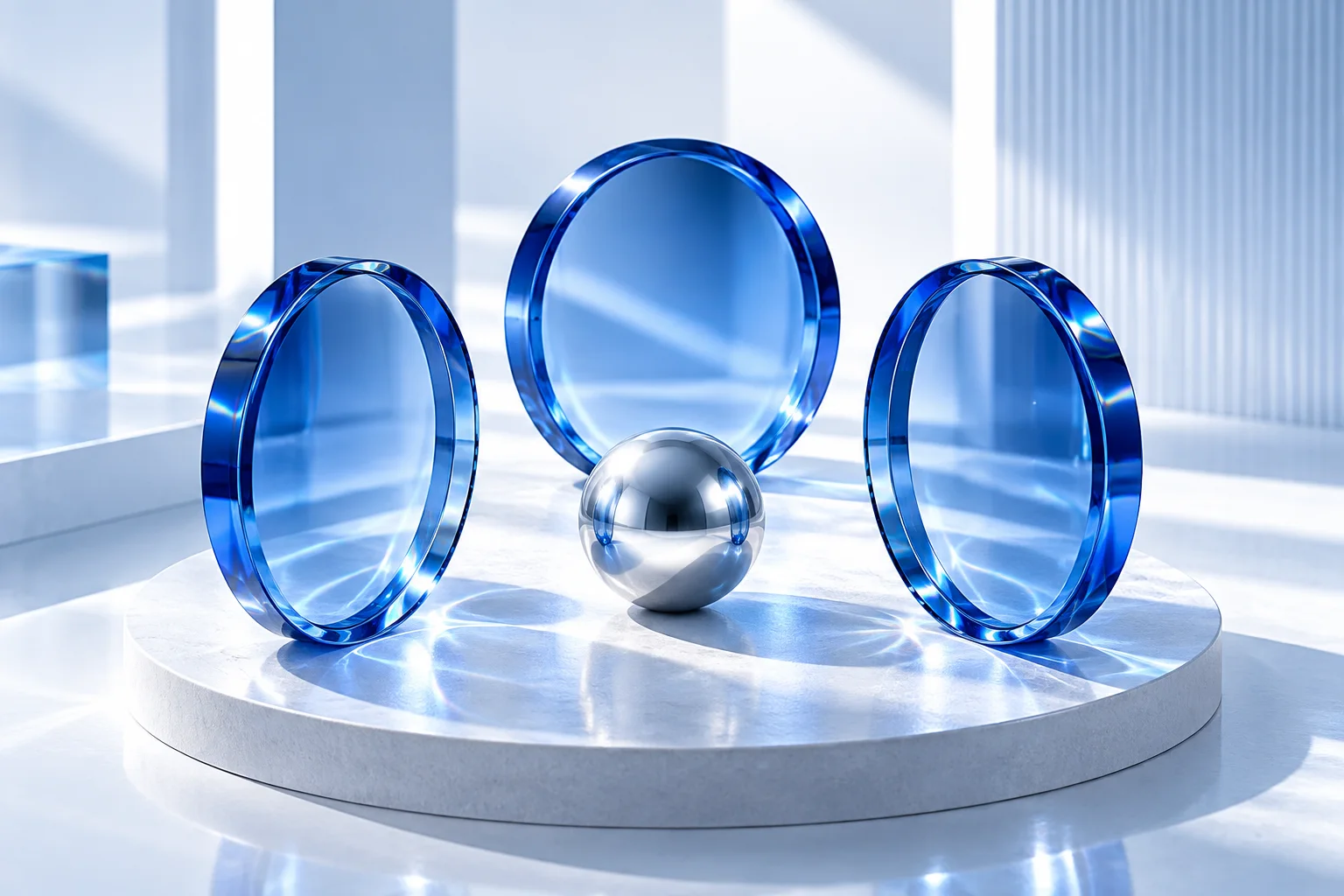 Three cobalt glass forms arranged on a silver surface, a conceptual illustration of retatrutide research.